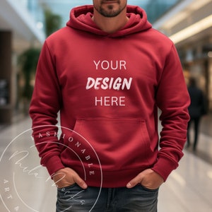 Red Gildan 18500 Men&#39;s Hoodie Mockup Male Gildan Mockup 18500 Hoodie Mockup Fall Guy Lifestyle Street Mockup Computer Gamer Anime Mockup