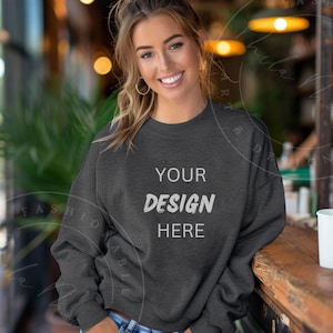 Dark Heather Gildan SF000 Mockup Womens Dark Heather Grey Sweatshirt Mockup Female Ladies Lifestyle Casual Grey Sweater Girls POD Mockup