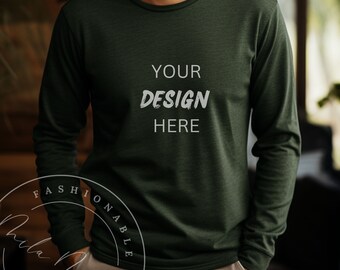 Heather Forest Green Bella Canvas 3501 Men's Long Sleeve Shirt Mockup Forest Green Male Long Sleeve Shirt Mockup Guy Dude Lifestyle Mockup