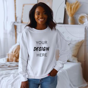 White Gildan SF000 Mockup Womens White Sweater Mockup Female Model Shirt Lifestyle Home Casual Mockup Ladies GSF000 White Sweatshirt Mockup
