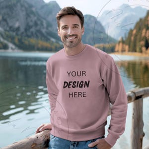 Paragon Gildan SF000 Mockup Mens Dusty Pink Sweatshirt Mockup Male Guys Lifestyle Casual Outdoor Fishing Hunting Nature Pink Sweater Mockup