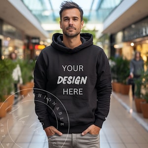 Black Gildan 18500 Men's Hoodie Mockup Male Gildan Mockup 18500 Hoodie Mockup Fall Guy Lifestyle Street Mockup Computer Gamer Anime Mockup