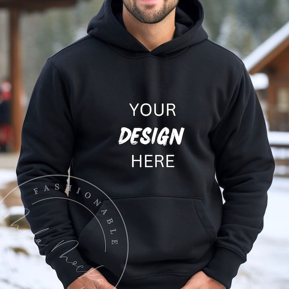 Black Gildan 18500 Men's Hoodie Mockup Male Gildan Mockup 18500 Hoodie  Mockup Fall Winter Guy Lifestyle Street Mockup Men Hoodie Outdoor