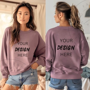 Paragon Gildan SF000 Front Back Sweatshirt Mockup Female Sweater Back Front Crew Shirt Mockup Diverse Models SF000 Trendy Lifestyle Mockup