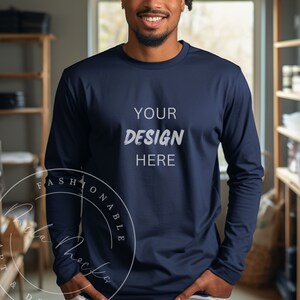 Navy Bella Canvas 3501 Men&#39;s Long Sleeve Shirt Mockup Black Men Long Sleeve Shirt Mockup Bella 3501 Navy Lifestyle Diverse Models Mockup
