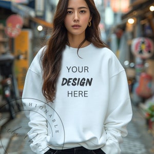White Lane Seven LS14004 Sweatshirt Mockup White Lane Seven Oversized Sweater Woman Sweater Mockup Asian Diverse Model Lifestyle Mockup