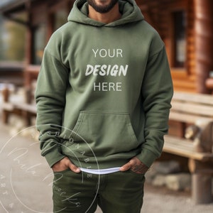 Military Green Gildan 18500 Mockup Men Hoodie Mockup Male Gildan Mockup 18500 Shirt Fall Mockup Mens Mockup Green Gildan Mockup Manly Mockup