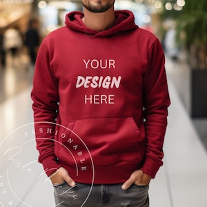 Red Gildan 18500 Men&#39;s Hoodie Mockup Male Gildan Mockup 18500 Hoodie Mockup Fall Guy Lifestyle Street Mockup Computer Gamer Anime Mockup
