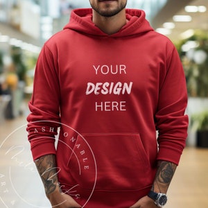 Red Gildan 18500 Men&#39;s Hoodie Mockup Male Gildan Mockup 18500 Hoodie Mockup Fall Guy Lifestyle Street Mockup Computer Gamer Anime Mockup