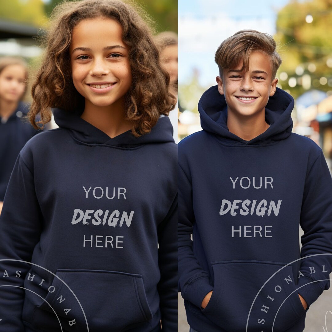 Kids Navy Hoodie Mockup Set Boy Girl Gildan 18500B Dark Navy Blue Youth