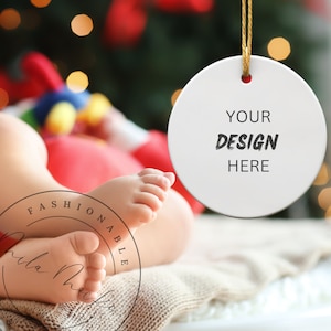Christmas Ornament Mockup Baby&#39;s 1st Christmas Ornament Mockup Holiday Celebration Blank White Round Ceramic Disc Celebration Ornament Mock
