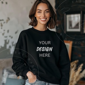 Black Gildan SF000 Mockup Womens Black Sweatshirt Mockup Female Ladies Lifestyle Casual Mockup GIrls Black Sweater Casual Home POD Mockup