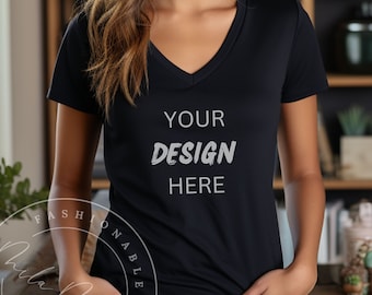 V-Neck Mockup Black Women&#39;s Gildan 5VOOL V-Neck T-Shirt Mockup Girls Ladies Feminine Lifestyle Mockup Black Lifestyle T-Shirt Jeans Mockup