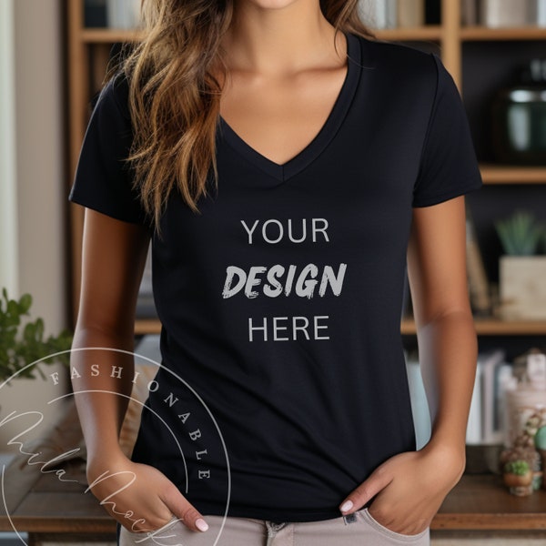 V-Neck Mockup Black Women's Gildan 5VOOL V-Neck T-Shirt Mockup Girls Ladies Feminine Lifestyle Mockup Black Lifestyle T-Shirt Jeans Mockup