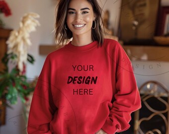 Red Gildan SF000 Mockup Deep Red Sweatshirt Mock up Gildan Womens Red Sweater Home Lifestyle Ladies Female Shirt Mockup POD GSF000 Red Shirt