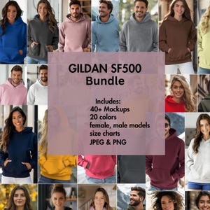 Pode incluir: Uma coleção de hoodies Gildan SF500 em várias cores, incluindo azul, cinza, rosa, marrom e amarelo. Os hoodies são modelados por pessoas de diferentes gêneros e etnias. A imagem inclui o texto "GILDAN SF500 Bundle" e detalhes sobre o produto, como o número de maquetes, cores e tabelas de tamanhos.