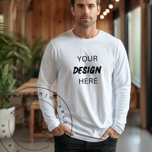May include: White long-sleeve shirt with the text "YOUR DESIGN HERE" printed on the front.