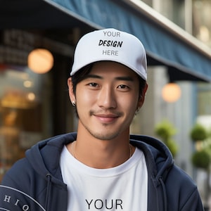 Herren Baseballkappe Mockup Männlichen Weißen Hut Passenden Weiß Bella Canvas 3001 T-Shirt Mockup Männlichen Trucker Cap Papa Hut Asiatische Männliche Baseballmütze