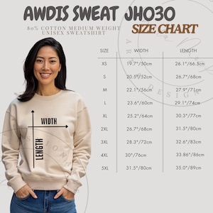 Tabla de tallas AWDIS JH030 Guía de tallas de sudaderas unisex de peso medio AWDIS JH030 Cuello redondo Tabla de medidas imperiales métricas Maqueta de camiseta de peso medio