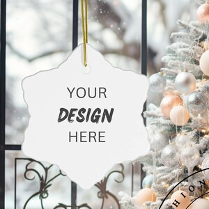 Christmas Snowflake Ornament Mockup Holiday White Snowflake Ceramic PNG JPG Ornament Christmas Tree Decor Ornament Mock-up Wedding Birthday