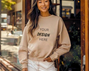 Sand Gildan SF000 Mockup Gildan Beige Sweatshirt Womens Mockup Midweight Crewneck Sweater Mockup GSF000 Asian Diverse Model Lifestyle Mockup
