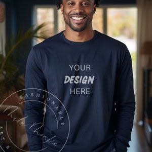 Navy Bella Canvas 3501 Men&#39;s Long Sleeve Shirt Mockup Black Men Long Sleeve Shirt Mockup Bella 3501 Navy Lifestyle Diverse Models Mockup