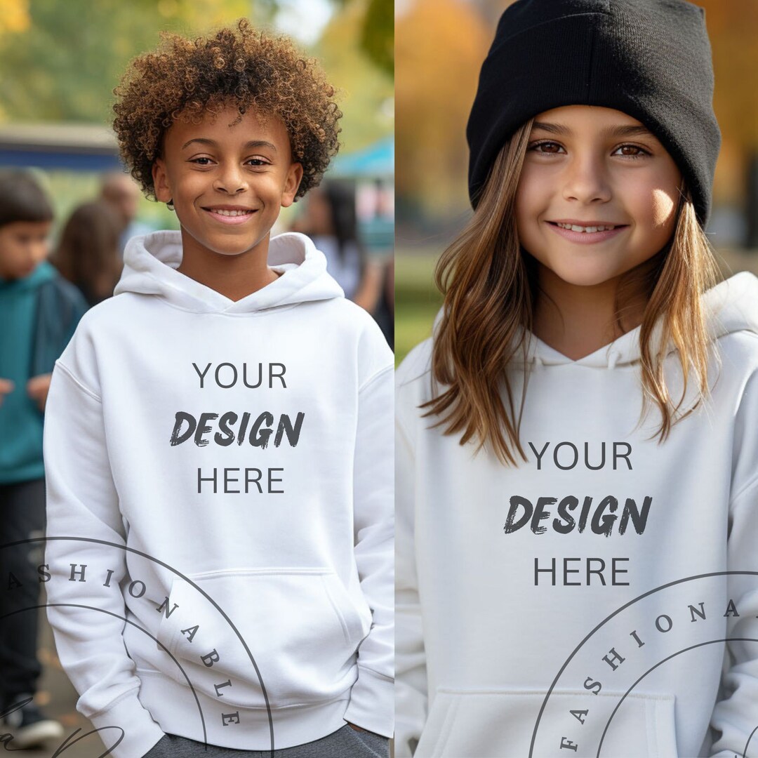Kids White Hoodie Mockup Set School Boy Girl Gildan 18500B 18000 White
