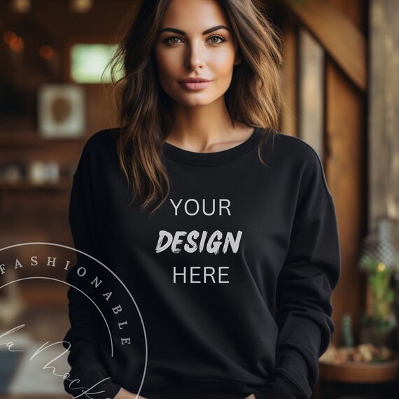 Black Cotton Heritage M2480 Women's Sweatshirt Mockup Fall Black Oversized Female Shirt Mockup Lady's Crew Neck Shirt Mockup Girl Lifestyle