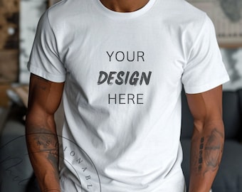 White Bella Canvas 3001 Men&#39;s T-Shirt Mockup Manly Male Model Lifestyle White Tee Shirt Mockup Guy Dude Bella Canvas 3001 White Shirt Mockup