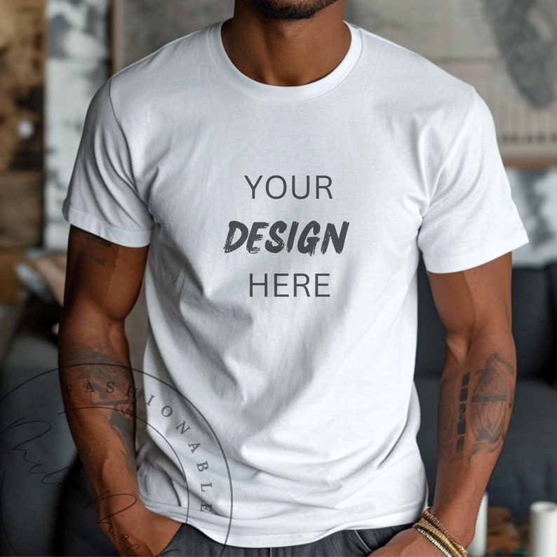 White Bella Canvas 3001 Men's T-Shirt Mockup Manly Male Model Lifestyle White Tee Shirt Mockup Guy Dude Bella Canvas 3001 White Shirt Mockup