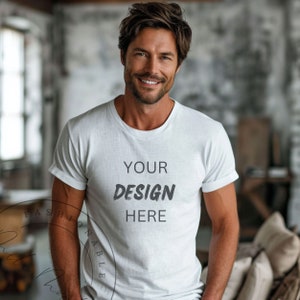 Könnte beinhalten: Ein weißes T-Shirt mit dem Aufdruck "YOUR DESIGN HERE" auf der Vorderseite.