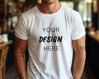White Bella Canvas 3001 Men's T-Shirt Mockup Male Model Lifestyle Mockup Manly Men Bella Canvas 3001 White Tee Guy Tattoo Outdoor Mockup