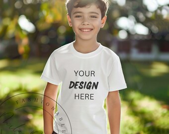 White Gildan 64000B Boys Mockup Kids White T-Shirt Mockup Youth White Tee Outdoor Mockup Teenager White Shirt Mockup Child Lifestyle Mockup