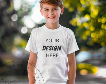 Kids T-Shirt Mockup White Gildan 5000B Mockup Boys Pool White Tee Kids Party White Shirt Mockup Fun Dogs Boy Youth Teenager Lifestyle Mockup