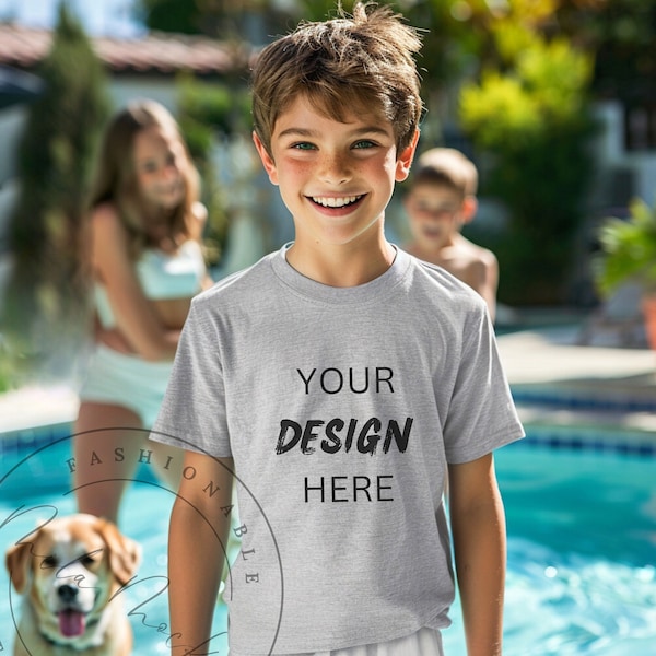 Sport Grey Gildan 64000B Boys Mockup Kids Athletic Grey T-Shirt Mockup Youth Grey Tee Mockup Teenager Mockup Child Lifestyle Pool Dog Mockup