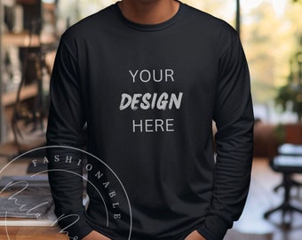 Male Mockup Black Gildan 2400 Long Sleeve Cotton Shirt Mockup Manly Man Black Gildan 2400 Shirt Male Model Crew Neck Guy Fall TShirt Mockup