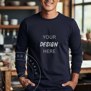 Navy Bella Canvas 3501 Men&#39;s Long Sleeve Shirt Mockup Manly Male Lifestyle Bella 3501 Navy Blue Long Sleeve Shirt Mockup Guy Office Shirt