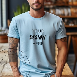 Light Blue Gildan 5000 Mens Mockup Male Model Light Blue T-Shirt Mockup Manly Men Fit Guy with Tattoo Light Blue Tee Dude Lifestyle Mockup