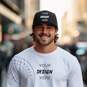 Man&#39;s Black Baseball Cap Mockup Male Black Dad Hat Mockup College Baseball Cap Mockup Black Trucker Hat Mockup Fall Youth Boy School College
