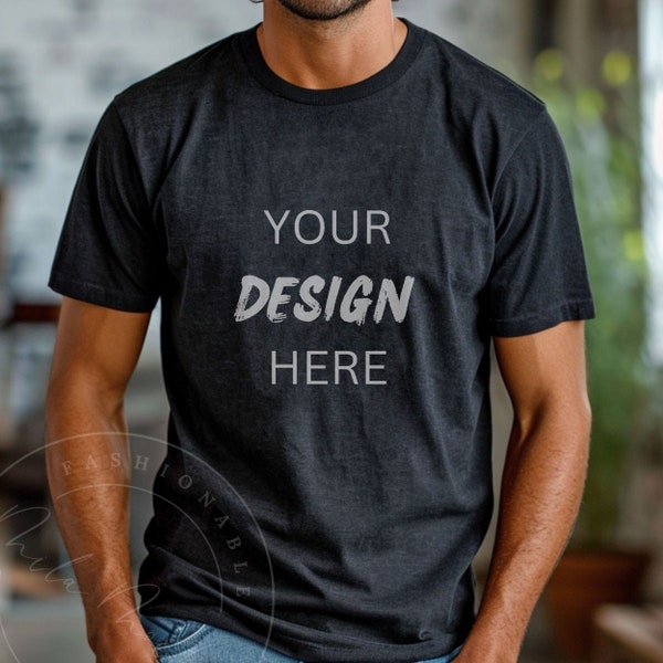 Dark Grey Heather Bella Canvas 3001 Men's T-Shirt Mockup Manly Male Model Lifestyle Dark Grey Tee Mockup Guy Dude Bella Canvas 3001 Mockup