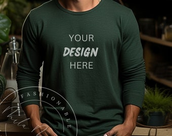 Heather Forest Green Bella Canvas 3501 Men's Long Sleeve Shirt Mockup Forest Green Male Long Sleeve Shirt Mockup Guy Dude Lifestyle Mockup
