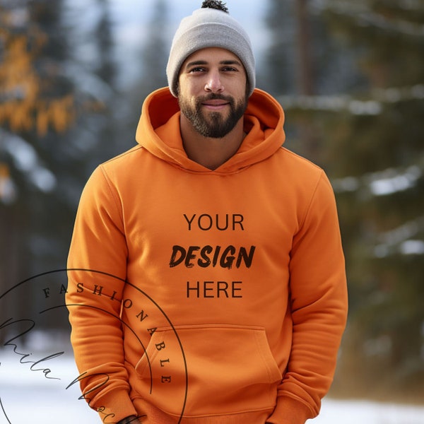 Orange Gildan 18500 Mockup Men Hoodie Mockup Winter Male Gildan 18500 Shirt Beanie Mockup Mens Mockup Orange Yellow Gildan Mockup Manly Mock