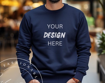 Navy Gildan 18000 Mockup Hombres Navy Oversize Gildan Sudadera Mockup Fall Guy Manly Navy Gildan Lifestyle Suéter Modelo Mockup Street Style