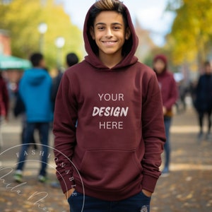 キッズ モックアップ ボーイズ マルーン ギルダン 18500B 18000 パーカー モックアップ 高校生 中学生 男の子 アウトドア ライフスタイル パーカー モックアップ ユース ティーンエイジ ボーイ パーカー