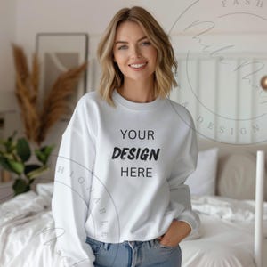 White Gildan SF000 Mockup Womens White Sweater Mockup Female Model Shirt Lifestyle Home Casual Mockup Ladies GSF000 White Sweatshirt Mockup