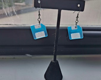 Iridescent Floppy Disk Save Icon Retro Dangle Earrings