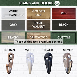Image titled “Stains and Hooks” showing wood background samples labeled with finish options: Custom Color, Dark Walnut, Golden Oak, Driftwood, Weathered Gray, Beachy, and Red. Premium options include Beachy, Driftwood, and Custom. Also shown are four metal hook choices for dog tails: Bronze, White, Black, and Silver. Helps customers choose finishes for custom dog leash holders.
