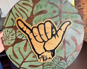 Aloha Shaka Sign: 18" Wood Wall Art with Hand-Painted Monstera Leaves