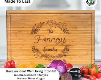 Custom Bamboo Cutting Board Personalized, Engraved Family Name Gift, Wedding Housewarming Gift, Kitchen Decor, Monogram Board