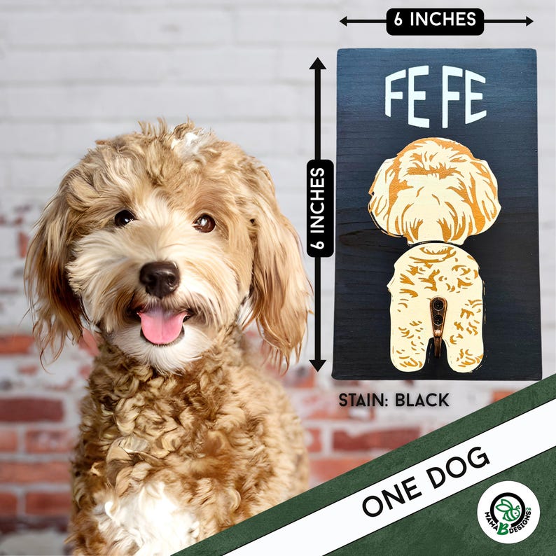 Custom painted dog leash holder featuring a labradoodle’s backside with a metal hook as the tail. Shown beside a real labradoodle for comparison. Handmade wood sign measures 6x9 inches. Personalized to match your dog’s breed and coloring. Unique gift for dog lovers and pet parents. Fun and functional wall decor for leash storage.